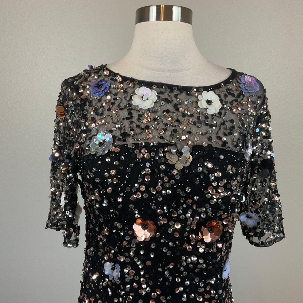 Adrianna Papell Sequined Floral Midi Sheath Cocktail Dress Sparkly Black Size 4 - Picture 6 of 11